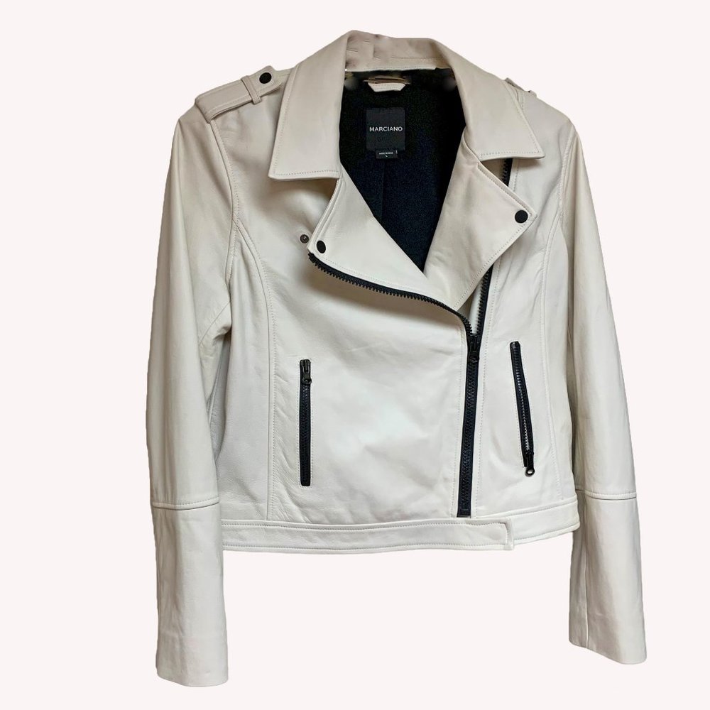 MARCIANO Zachary Off‎ White Lambskin Leather Zip Moto Jacket